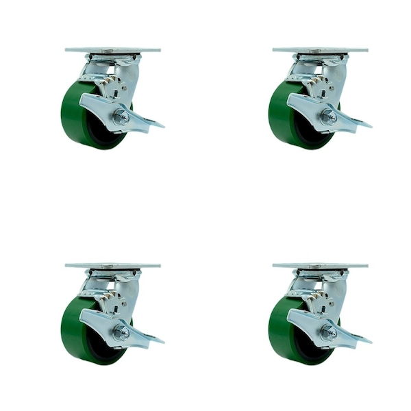Tool Box Caster Wheel Set 4'' Green Poly on Cast Iron Swivel Casters, 4PK